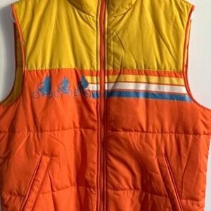 Bright Orange & Yellow Puffer Vest with Bicycle Stripe